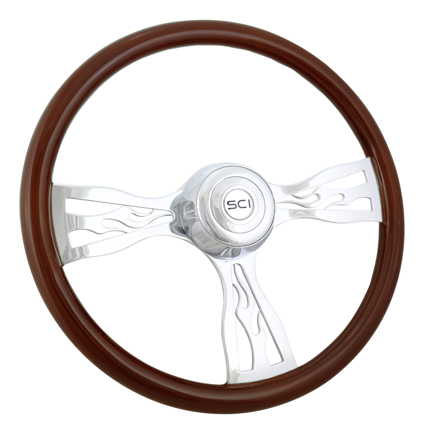 Steering Wheel Blaze - 18" Wood Rim, Chrome 3-Spoke w/Cut Outs, Chrome Bezel, Chrome Horn Button - SCI Logo