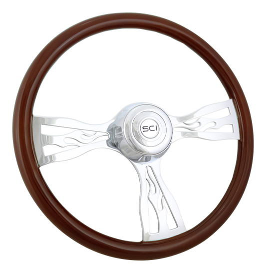 Steering Wheel Blaze - 18" Wood Rim, Chrome 3-Spoke w/Cut Outs, Chrome Bezel, Chrome Horn Button - SCI Logo