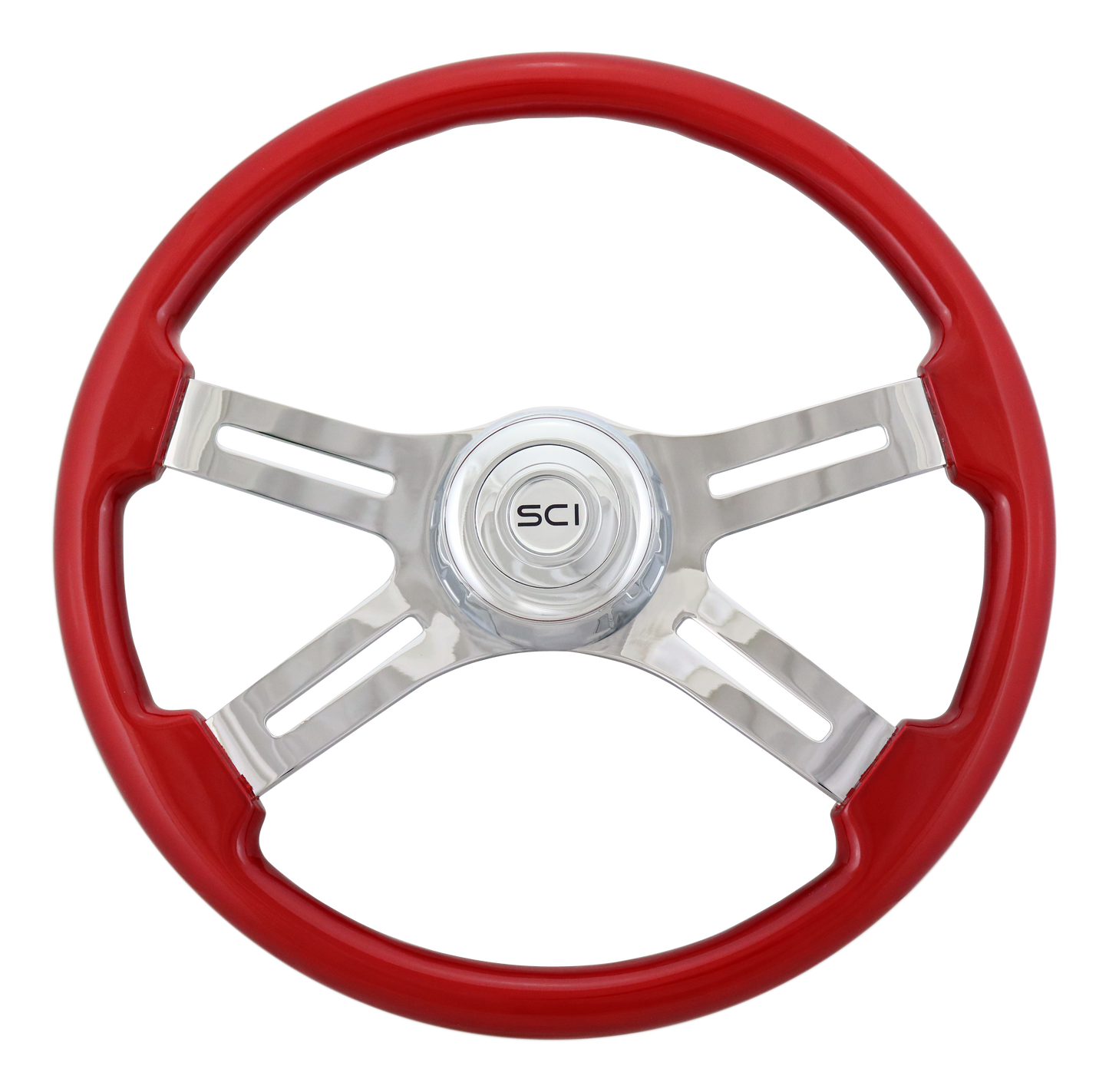 Steering Wheel Classic Red 18", Chrome 4-Spoke, Chrome 4-Spoke w/ Slot Cut Outs.