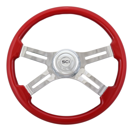 Steering Wheel Classic Red 18", Chrome 4-Spoke, Chrome 4-Spoke w/ Slot Cut Outs.