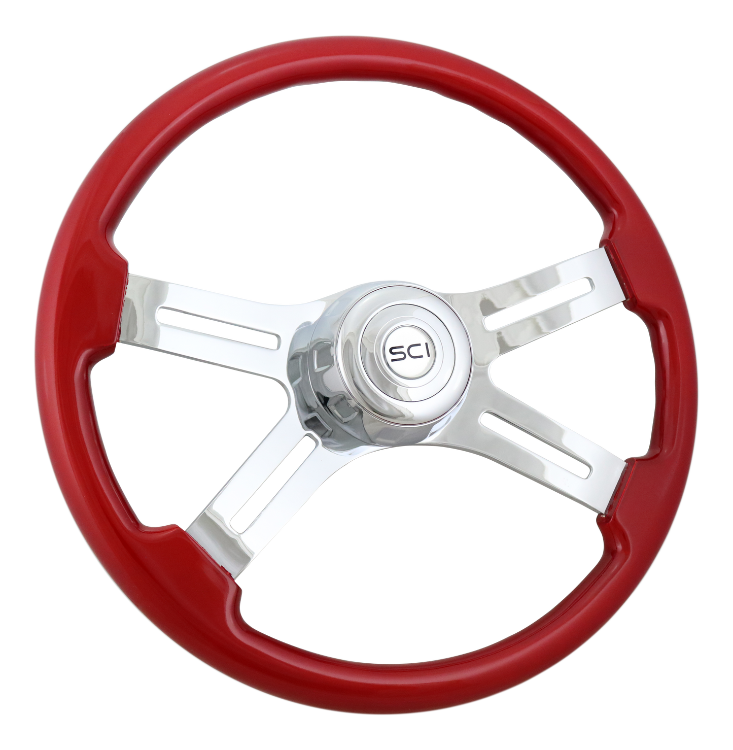 Steering Wheel Classic Red 18", Chrome 4-Spoke, Chrome 4-Spoke w/ Slot Cut Outs.