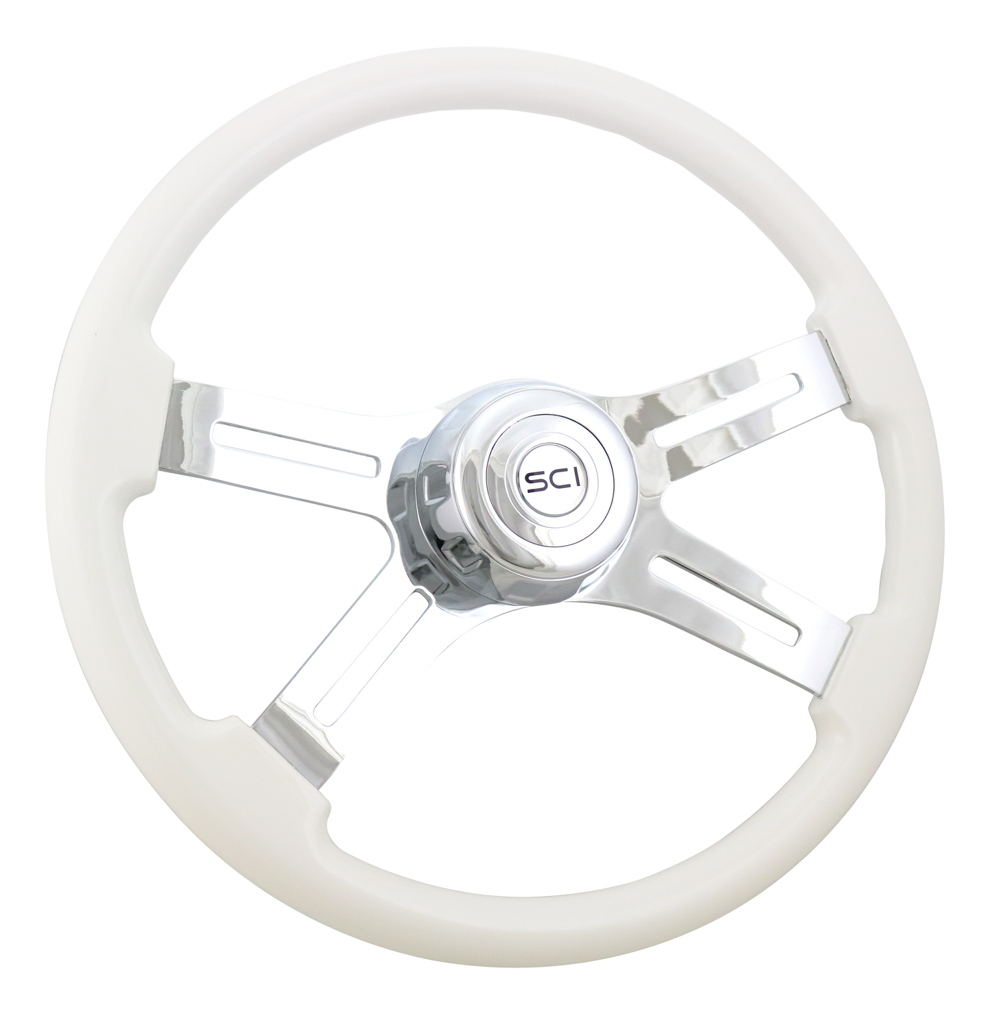 Steering Wheel Classic White 18", Chrome 4-Spoke, Chrome 4-Spoke w/ Slot Cut Outs.