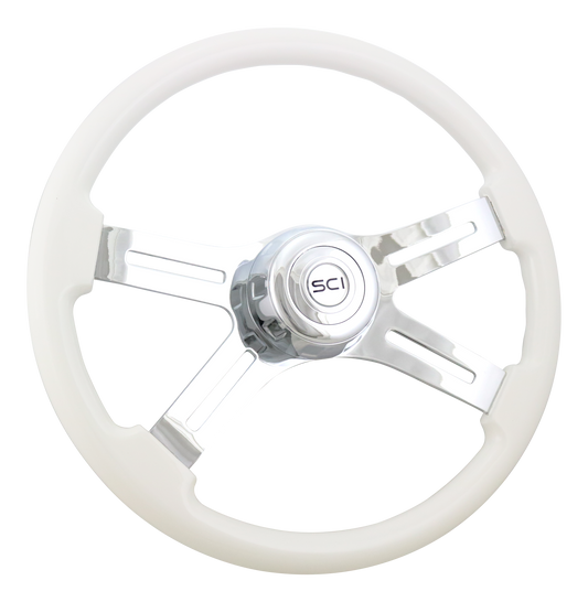 Steering Wheel Classic White 18", Chrome 4-Spoke, Chrome 4-Spoke w/ Slot Cut Outs.