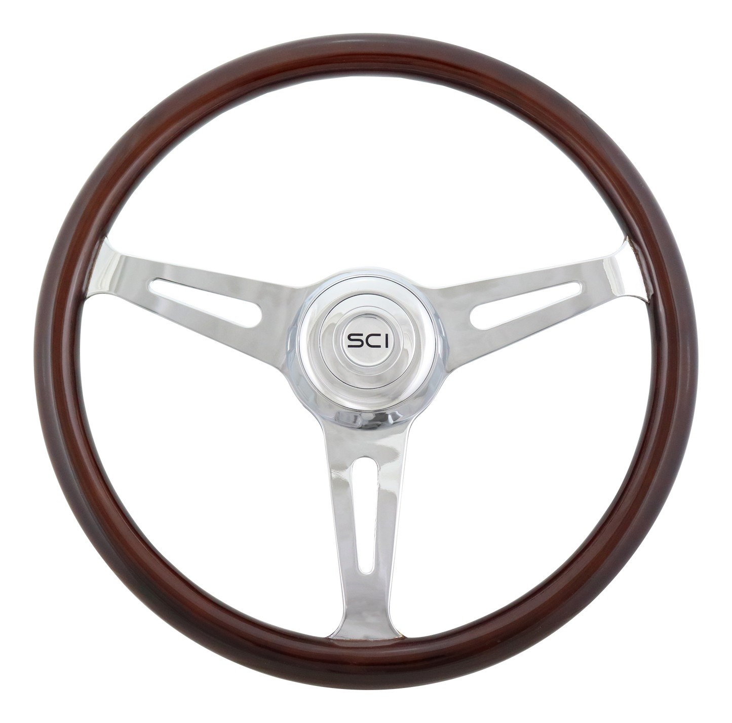 Steering Wheel Dart - 18" Wood Rim, Chrome 3-Spoke w/Slot Cut Outs, Chrome Bezel, Chrome Horn Button - SCI Logo