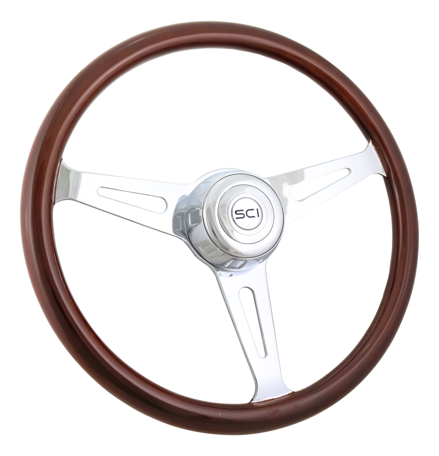 Steering Wheel Dart - 18" Wood Rim, Chrome 3-Spoke w/Slot Cut Outs, Chrome Bezel, Chrome Horn Button - SCI Logo