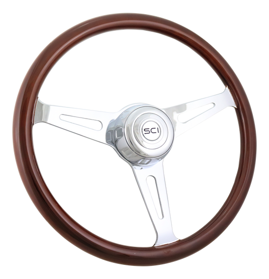 Steering Wheel Dart - 18" Wood Rim, Chrome 3-Spoke w/Slot Cut Outs, Chrome Bezel, Chrome Horn Button - SCI Logo