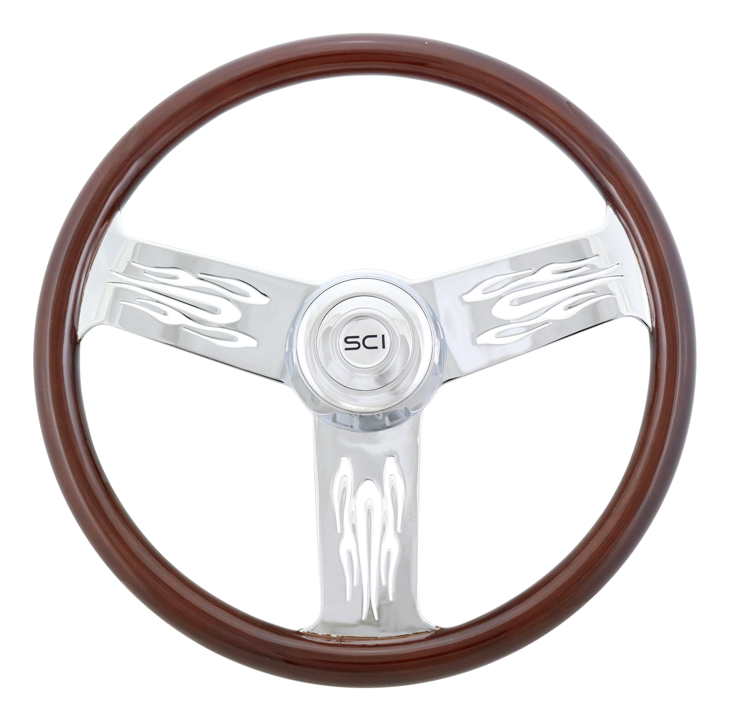 Steering Wheel Flames - 18" Wood Rim, Chrome 3-Spoke w/Flame Cut Outs, Chrome Bezel, Chrome Horn Button - SCI Logo