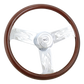 Steering Wheel Flames - 18" Wood Rim, Chrome 3-Spoke w/Flame Cut Outs, Chrome Bezel, Chrome Horn Button - SCI Logo