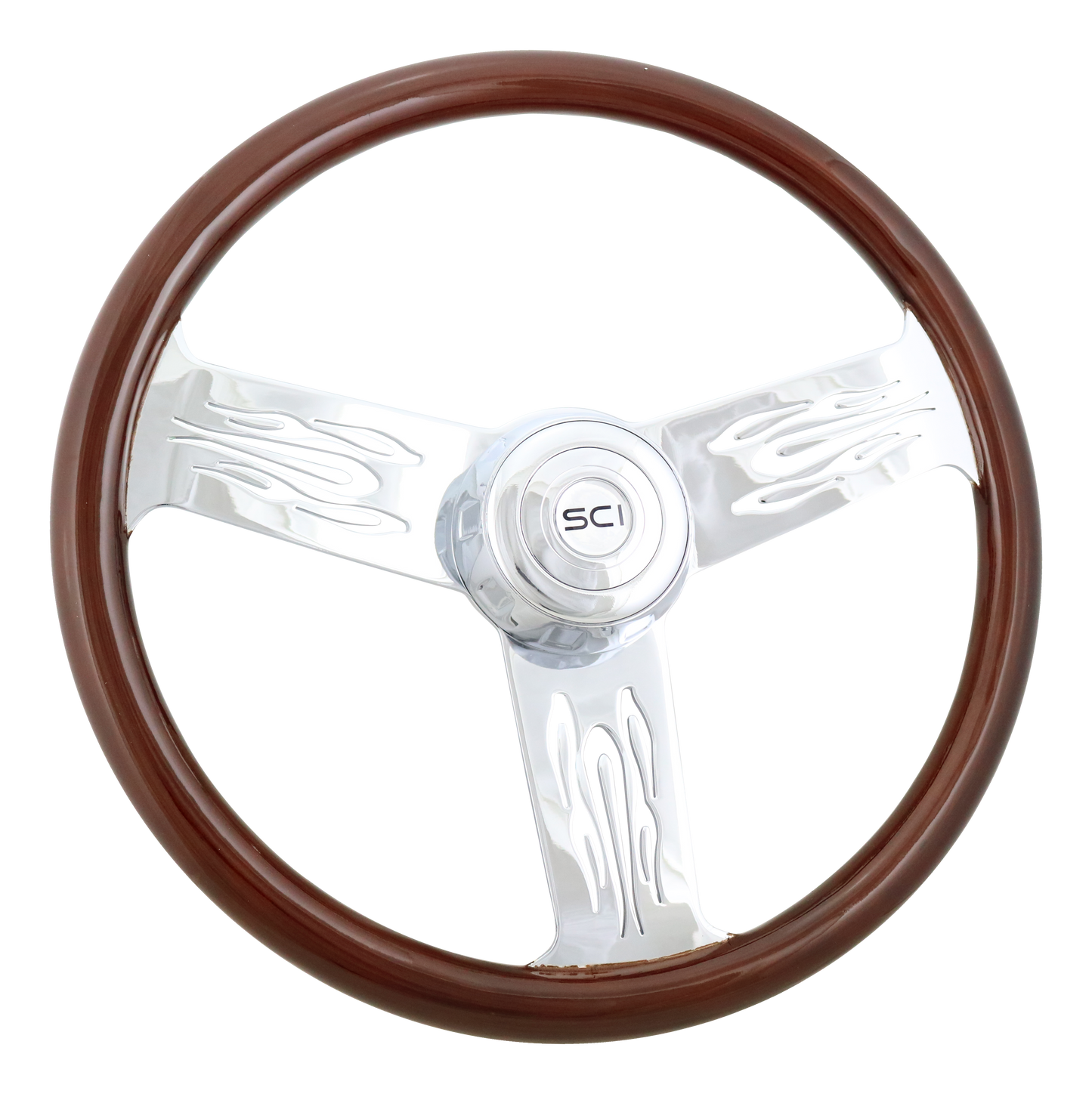 Steering Wheel Flames - 18" Wood Rim, Chrome 3-Spoke w/Flame Cut Outs, Chrome Bezel, Chrome Horn Button - SCI Logo