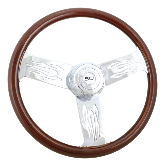 Steering Wheel Flames - 18" Wood Rim, Chrome 3-Spoke w/Flame Cut Outs, Chrome Bezel, Chrome Horn Button - SCI Logo