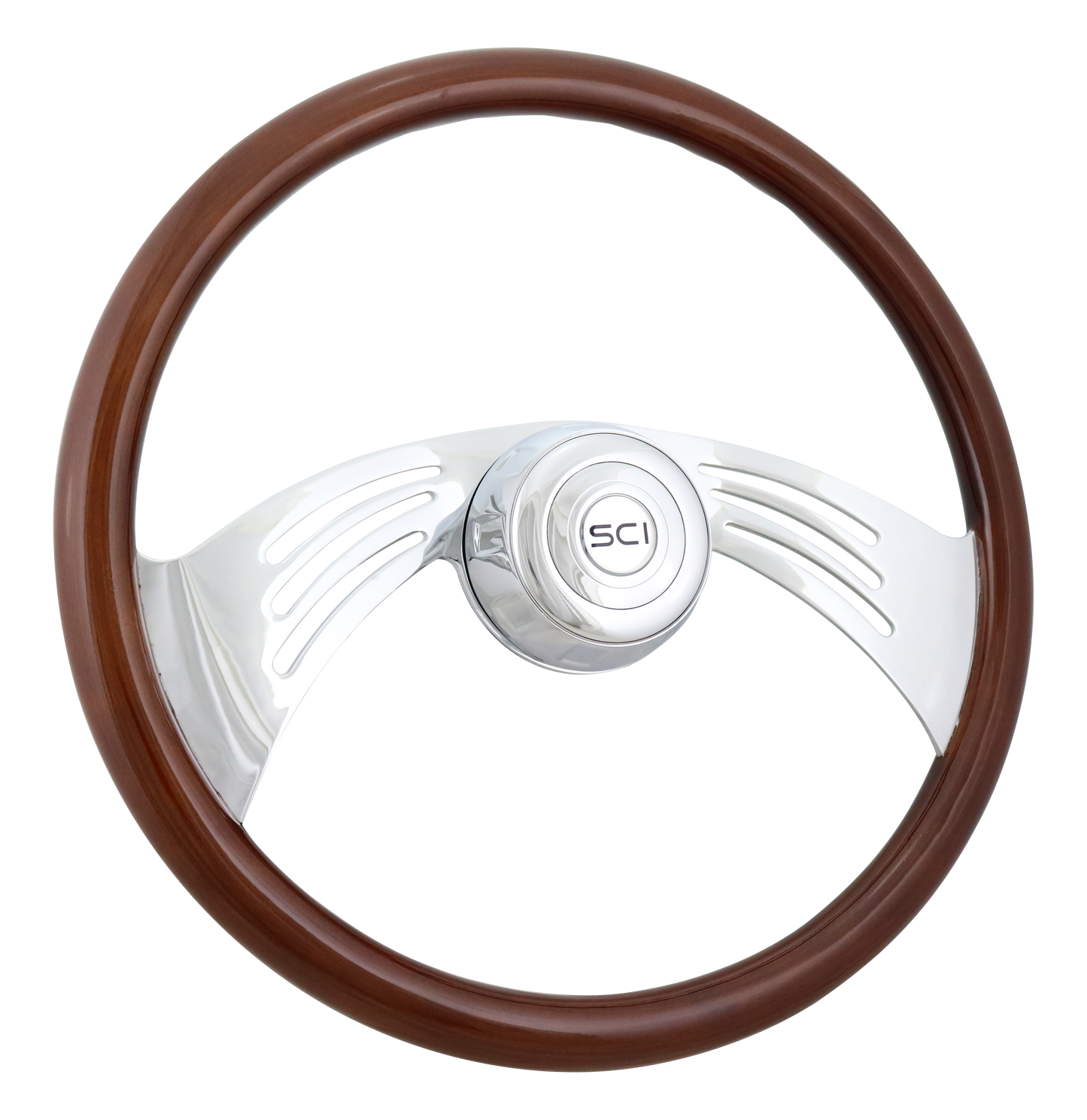 Steering Wheel Flight - 18" Wood Rim, Chrome 2-Spoke w/Cut Outs, Chrome Bezel, Chrome Horn Button - SCI Logo