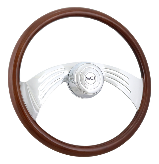 Steering Wheel Flight - 18" Wood Rim, Chrome 2-Spoke w/Cut Outs, Chrome Bezel, Chrome Horn Button - SCI Logo