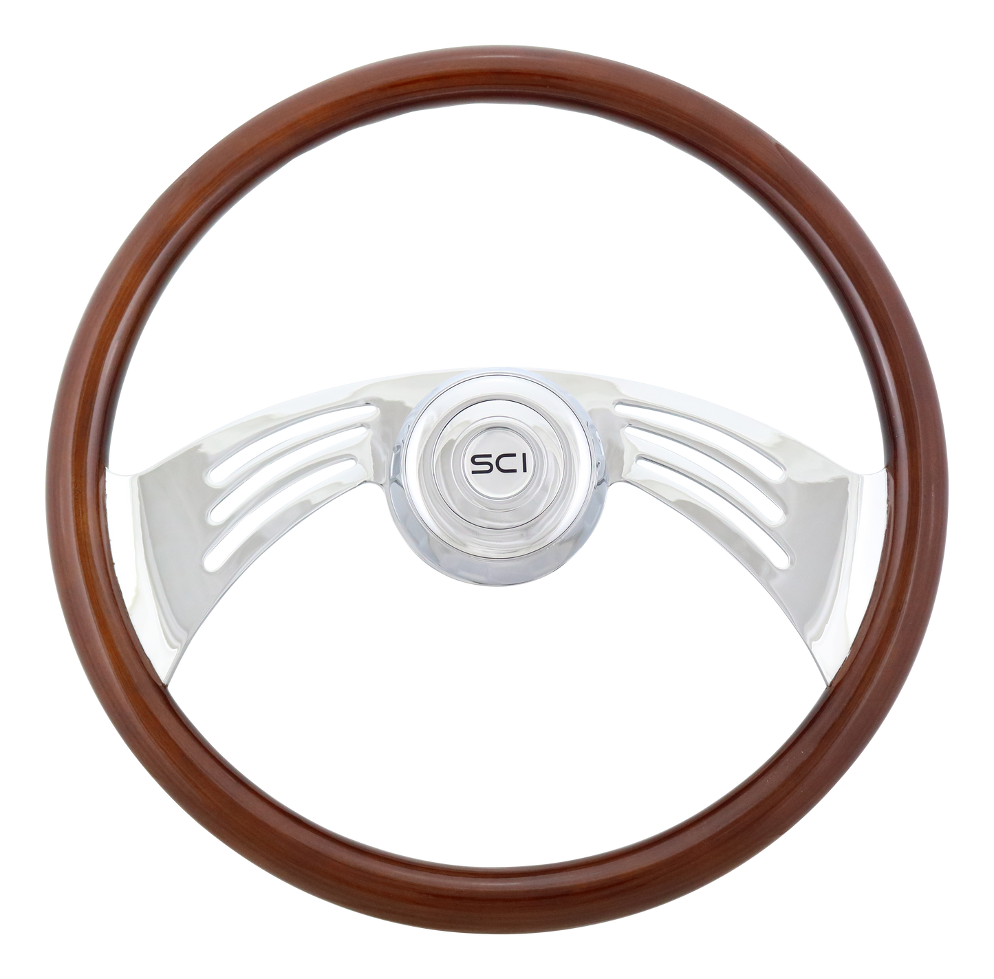 Steering Wheel Flight - 18" Wood Rim, Chrome 2-Spoke w/Cut Outs, Chrome Bezel, Chrome Horn Button - SCI Logo