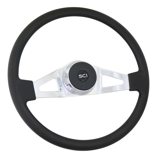 Steering Wheel  Guardian - 18" Polyurethane Rim, Chrome 2-Spoke w/Triangle Cut Outs, Chrome Bezel, Black Horn Button - Black SCI Logo