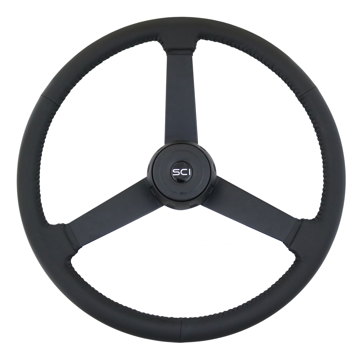 Steering Wheel Hoss - 20" Black Leather Rim, Black 3-Spoke, Black Metal Textured Bezel, Black Horn Button - Black SCI Logo