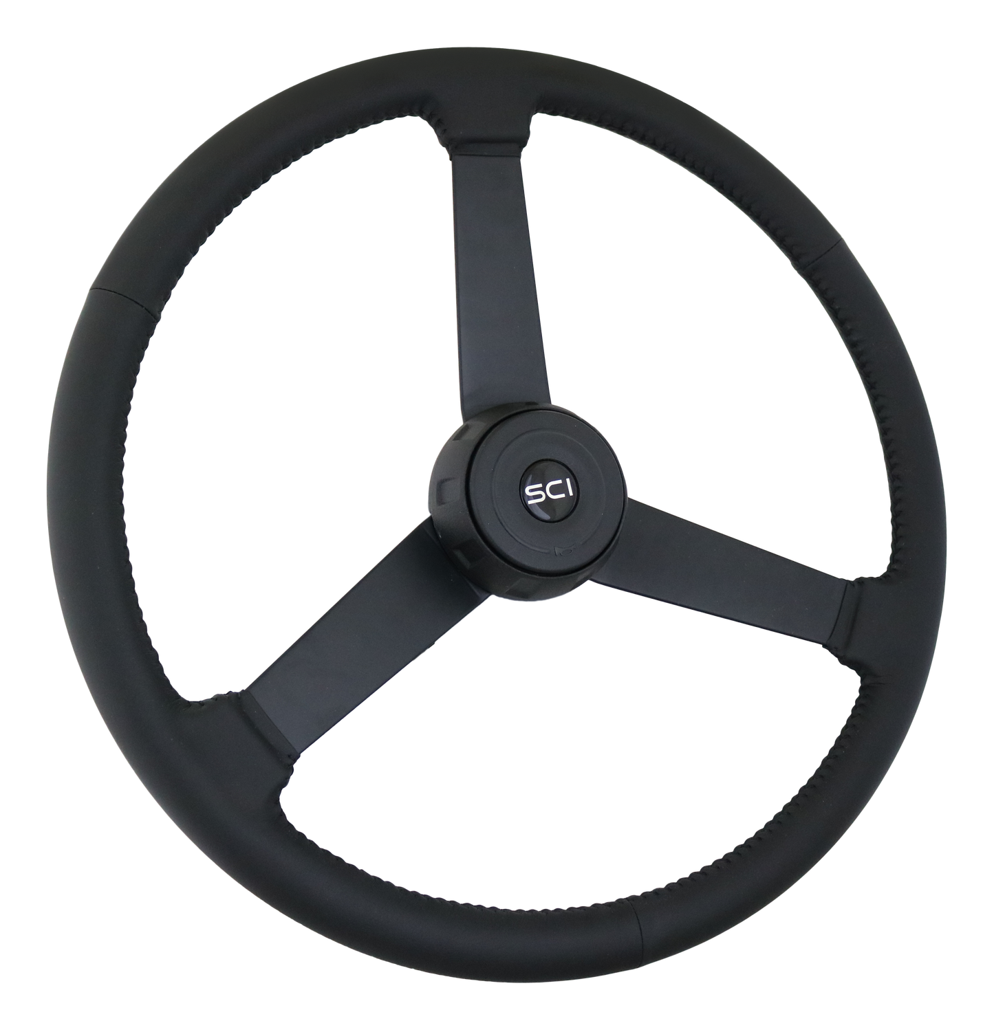 Steering Wheel Hoss - 20" Black Leather Rim, Black 3-Spoke, Black Metal Textured Bezel, Black Horn Button - Black SCI Logo