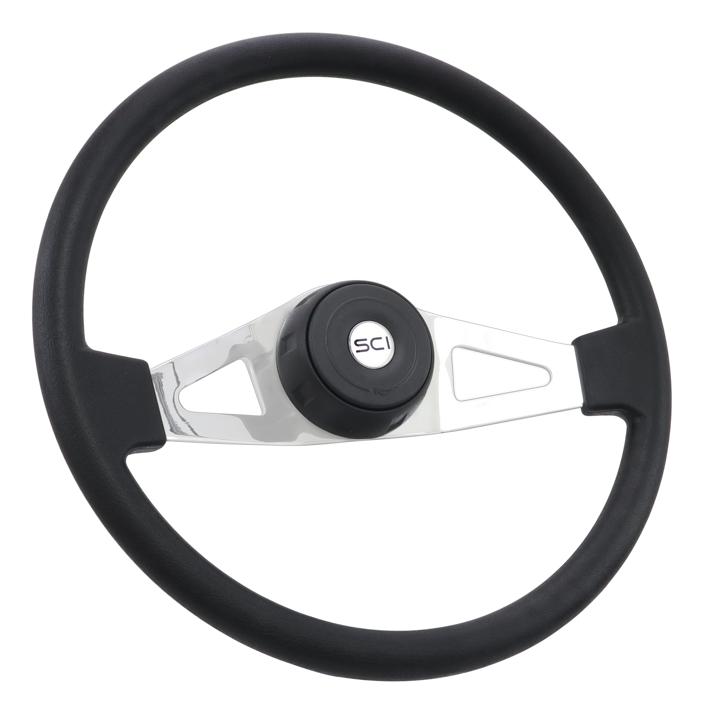 Steering Wheel Jasper - 18" Polyurethane Rim, Polished Chrome 2-spoke w/Slot Cut Outs, Black Textured Bezel, Black Horn Button - SCI Logo