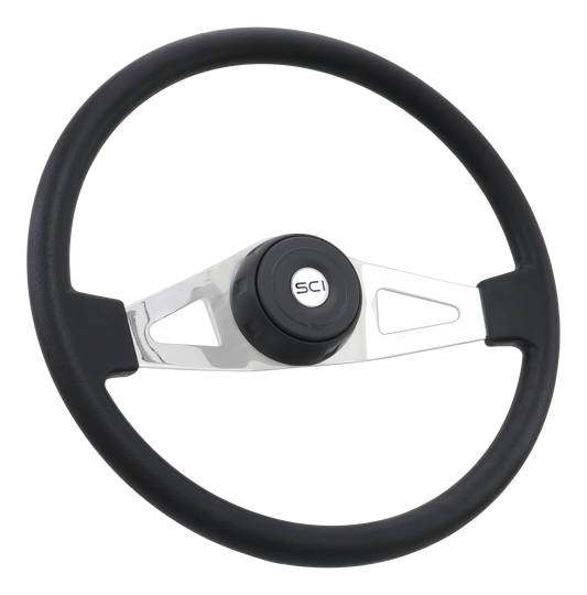 Steering Wheel Jasper - 18" Polyurethane Rim, Polished Chrome 2-spoke w/Slot Cut Outs, Black Textured Bezel, Black Horn Button - SCI Logo