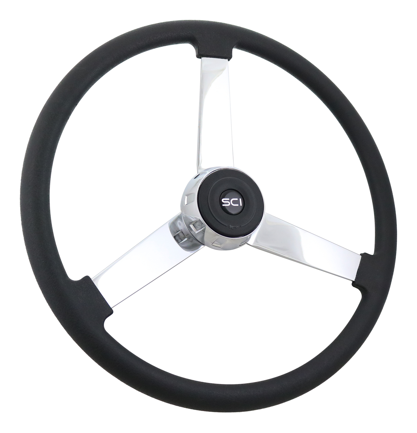 Steering Wheel Lawrence - 20" Polyurethane Rim, Chrome 3-Spoke, Chrome Bezel, Black Horn Button - Black SCI Logo