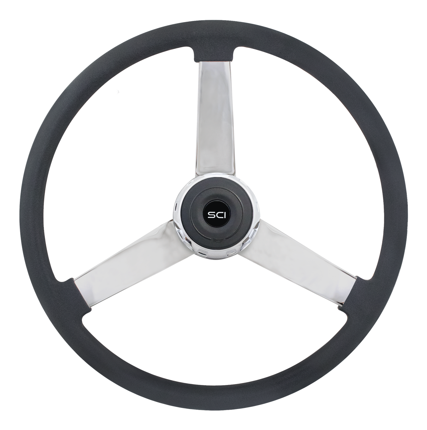 Steering Wheel Lawrence - 20" Polyurethane Rim, Chrome 3-Spoke, Chrome Bezel, Black Horn Button - Black SCI Logo