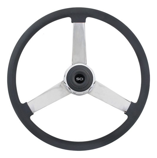 Steering Wheel Lawrence - 20" Polyurethane Rim, Chrome 3-Spoke, Chrome Bezel, Black Horn Button - Black SCI Logo