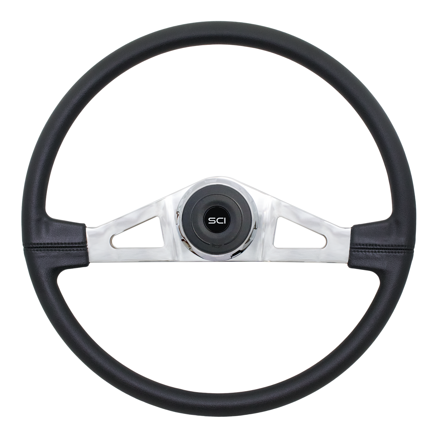 Steering Wheel Lincoln - 20" Polyurethane Rim, Chrome 2-Spoke w/Triangle Cut Outs, Chrome Bezel, Black Horn Button - Black SCI Logo