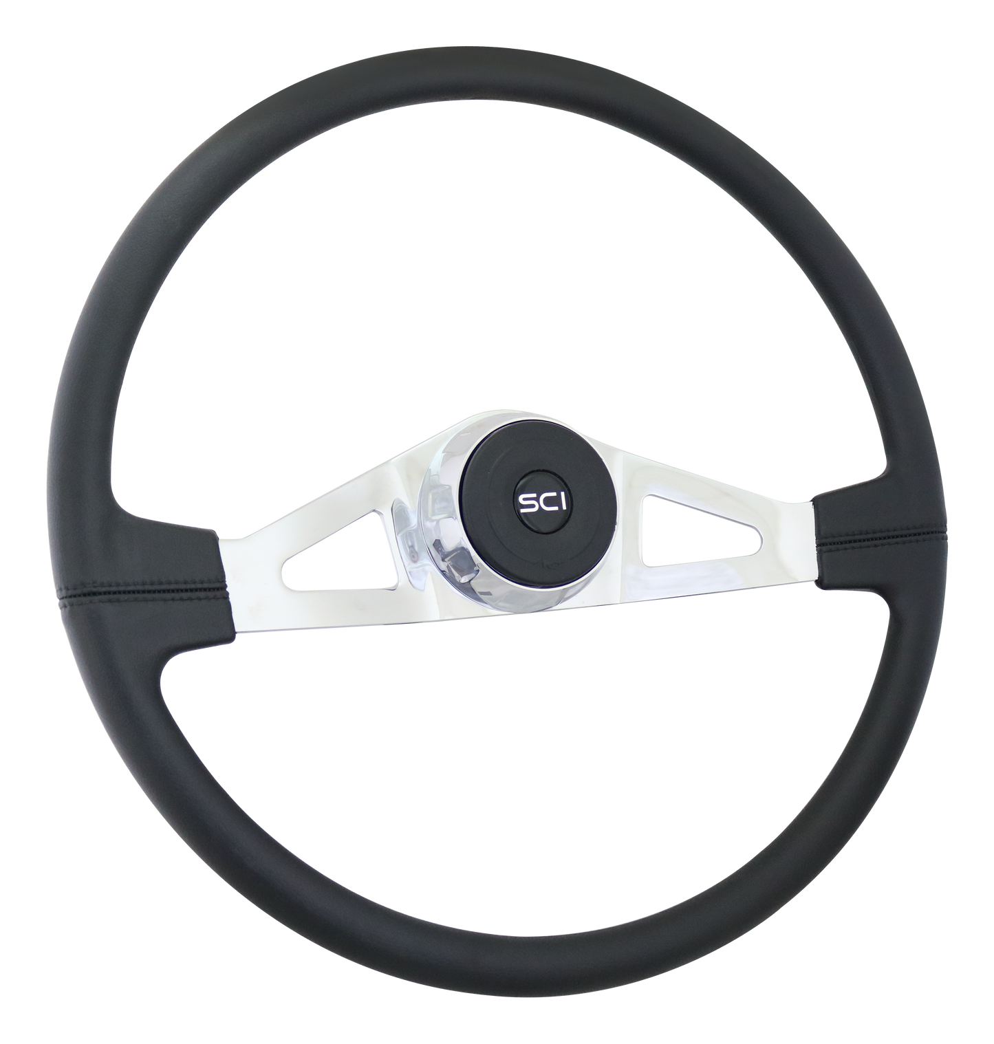 Steering Wheel Lincoln - 20" Polyurethane Rim, Chrome 2-Spoke w/Triangle Cut Outs, Chrome Bezel, Black Horn Button - Black SCI Logo