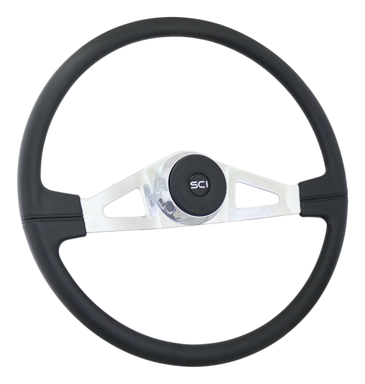 Steering Wheel Lincoln - 20" Polyurethane Rim, Chrome 2-Spoke w/Triangle Cut Outs, Chrome Bezel, Black Horn Button - Black SCI Logo