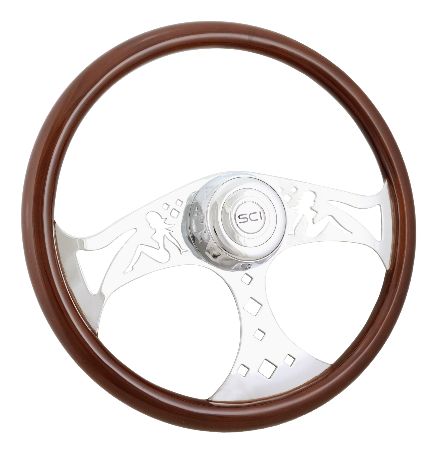 Steering Wheel Mud Flap Girl - 18" Wood Rim, Chrome 3-Spoke w/Cut Outs, Chrome Bezel, Chrome Horn Button - SCI Logo