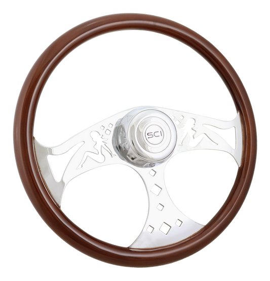 Steering Wheel Mud Flap Girl - 18" Wood Rim, Chrome 3-Spoke w/Cut Outs, Chrome Bezel, Chrome Horn Button - SCI Logo