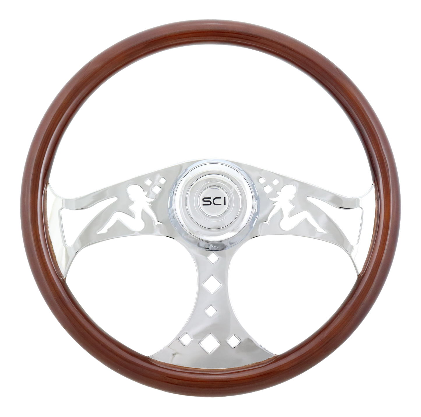 Steering Wheel Mud Flap Girl - 18" Wood Rim, Chrome 3-Spoke w/Cut Outs, Chrome Bezel, Chrome Horn Button - SCI Logo