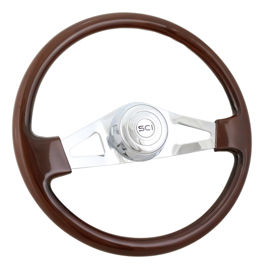 Steering Wheel Pinion Mahogany - 18'' Wood Rim, Chrome 2-Spoke w/Triangle Cut Outs, Chrome Bezel, Chrome Horn Button