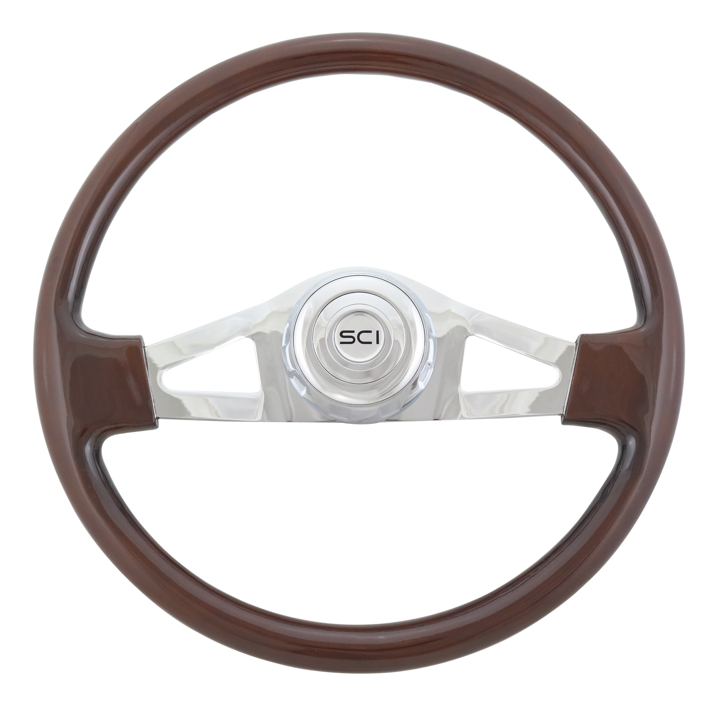 Steering Wheel Pinion Mahogany - 18'' Wood Rim, Chrome 2-Spoke w/Triangle Cut Outs, Chrome Bezel, Chrome Horn Button