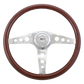 Steering Wheel Racer - 18" Wood Rim, Chrome 3-Spoke w/Round Cut Outs, Chrome Bezel, Chrome Horn Button - SCI Logo