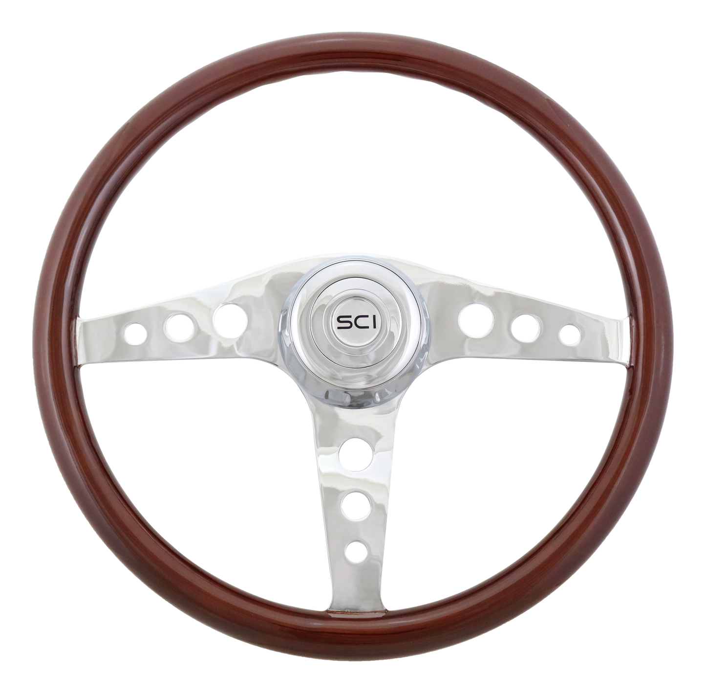 Steering Wheel Racer - 18" Wood Rim, Chrome 3-Spoke w/Round Cut Outs, Chrome Bezel, Chrome Horn Button - SCI Logo