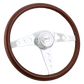 Steering Wheel Racer - 18" Wood Rim, Chrome 3-Spoke w/Round Cut Outs, Chrome Bezel, Chrome Horn Button - SCI Logo