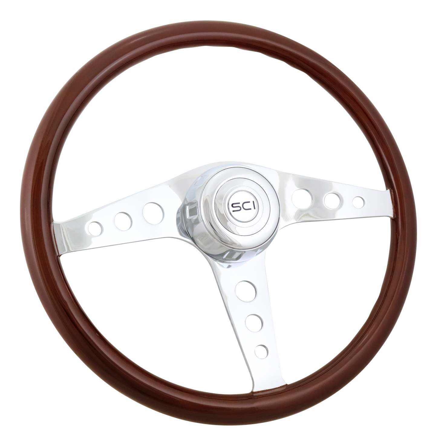 Steering Wheel Racer - 18" Wood Rim, Chrome 3-Spoke w/Round Cut Outs, Chrome Bezel, Chrome Horn Button - SCI Logo