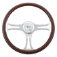 Steering Wheel Saber - 18" Wood Rim, Chrome 3-Spoke w/Cut Outs, Chrome Bezel, Chrome Horn Button - SCI Logo