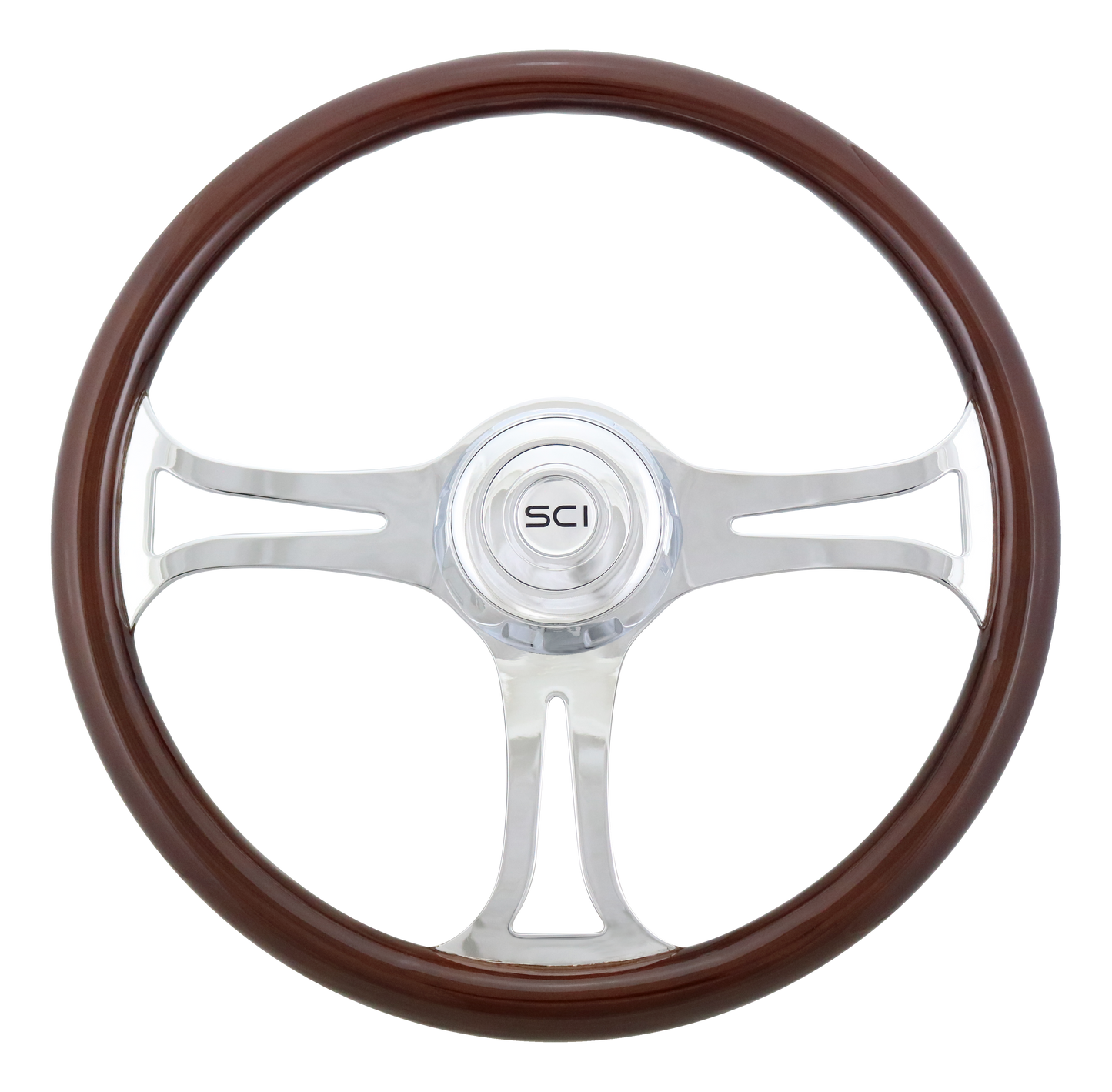 Steering Wheel Saber - 18" Wood Rim, Chrome 3-Spoke w/Cut Outs, Chrome Bezel, Chrome Horn Button - SCI Logo