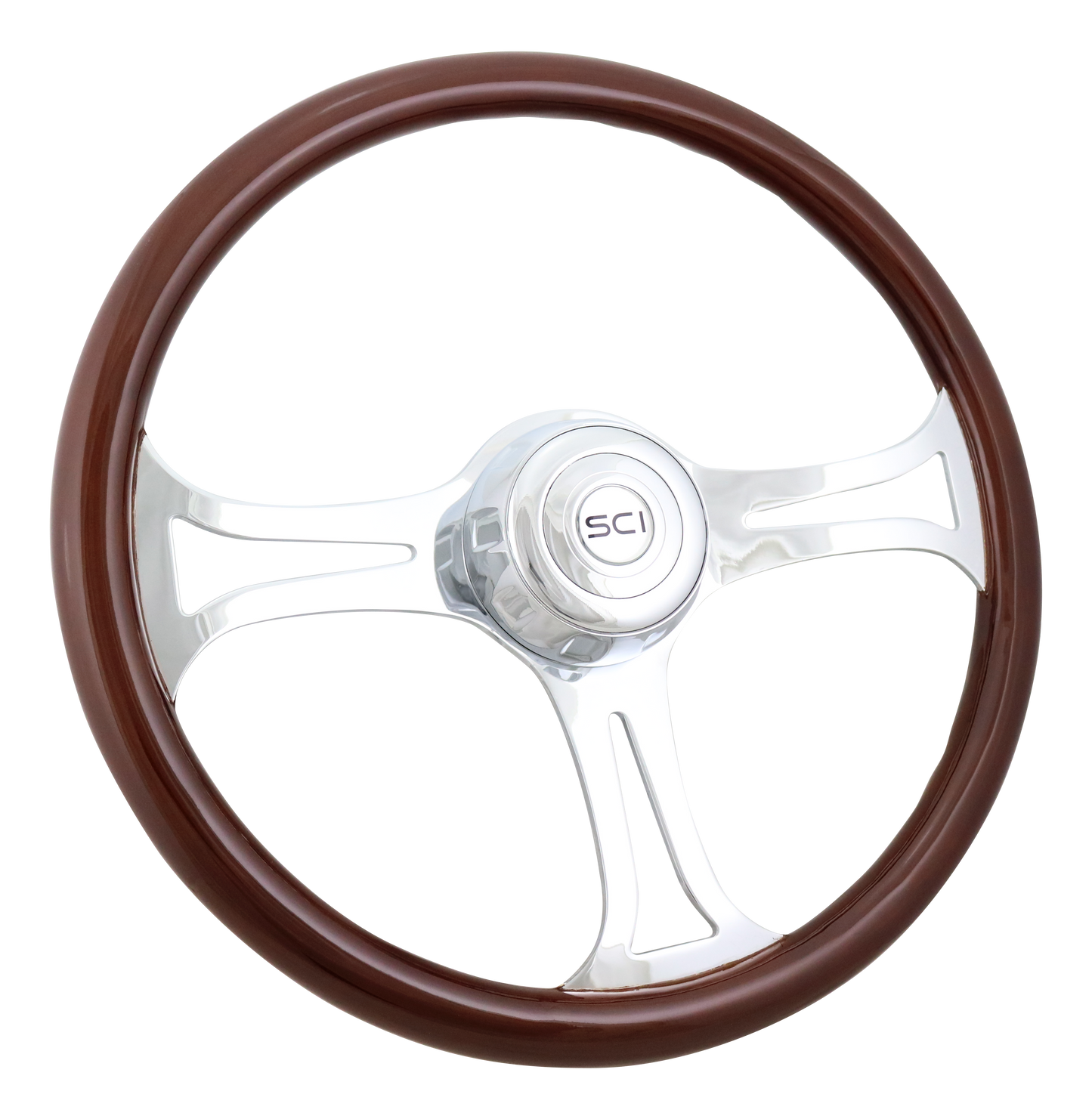 Steering Wheel Saber - 18" Wood Rim, Chrome 3-Spoke w/Cut Outs, Chrome Bezel, Chrome Horn Button - SCI Logo