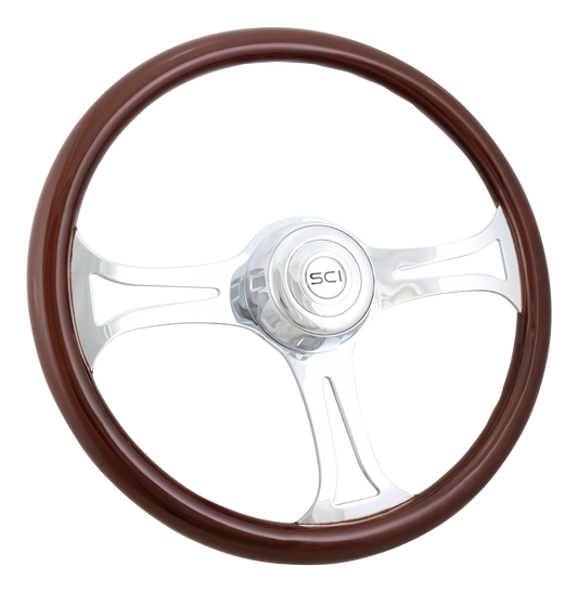 Steering Wheel Saber - 18" Wood Rim, Chrome 3-Spoke w/Cut Outs, Chrome Bezel, Chrome Horn Button - SCI Logo