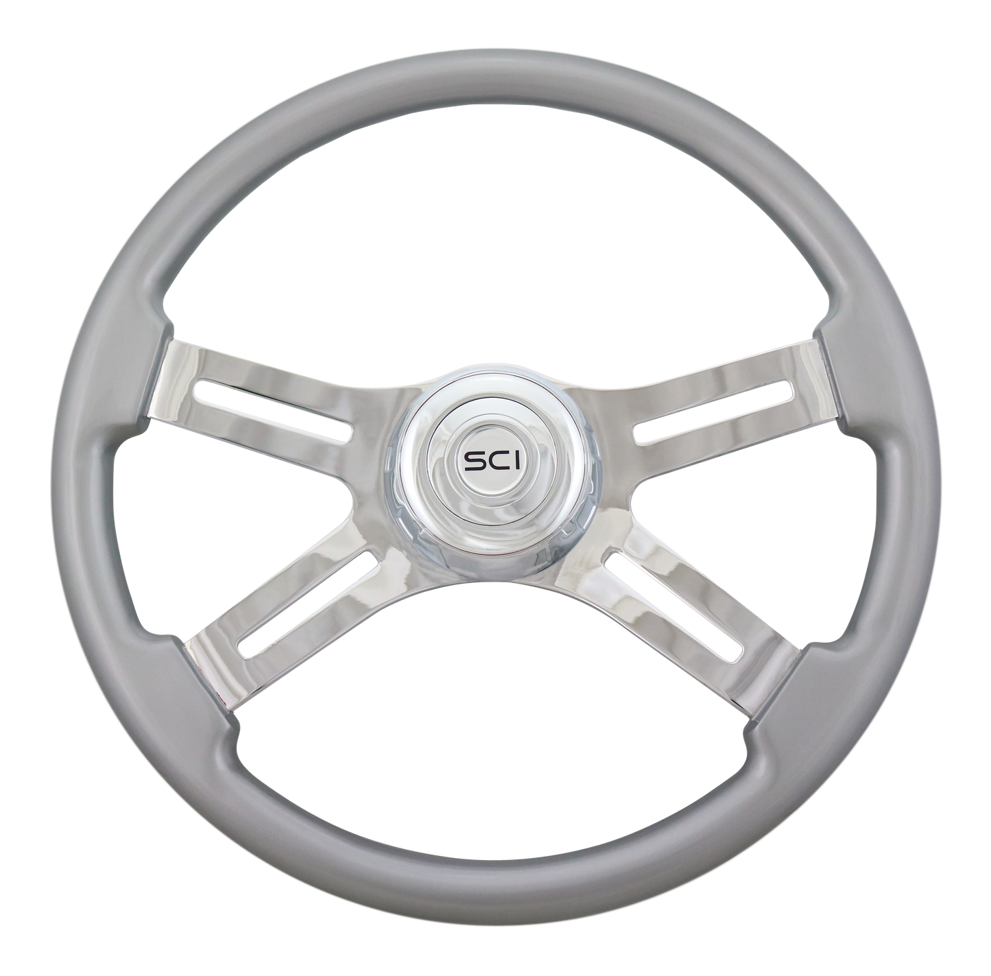 Steering Wheel Silver 18", Chrome 4-Spoke, Chrome 4-Spoke w/Slot Cut Outs