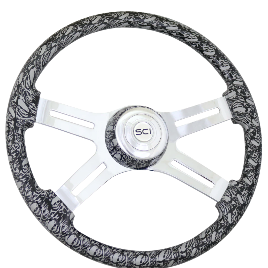 Steering Wheel Skulls Silver. Matching bezel. Skulls Silver - 18'' Printed Wood Rim, Chrome 4-Spoke w/ Slot Cut Outs