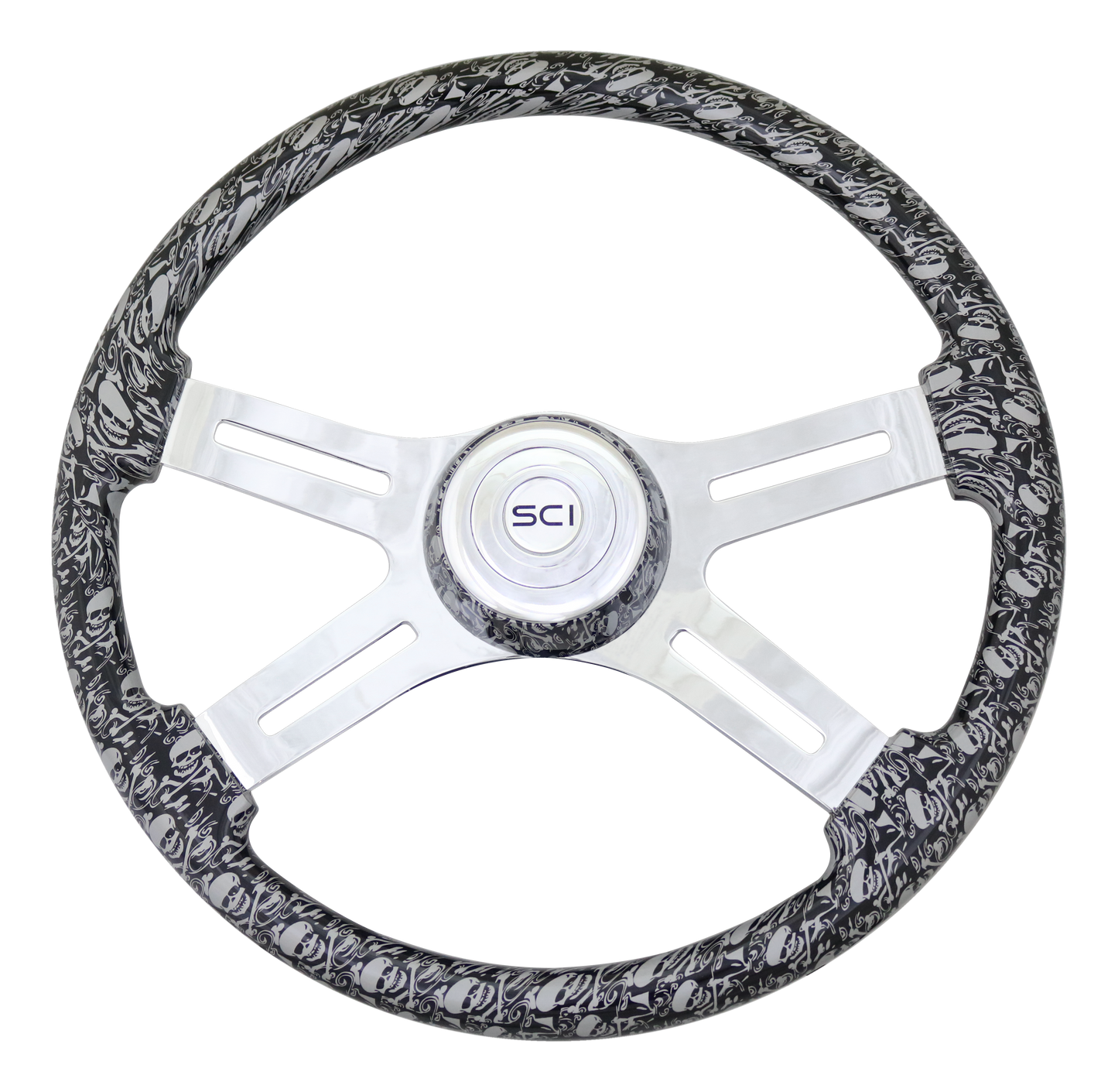 Steering Wheel Skulls Silver. Matching bezel. Skulls Silver - 18" Printed Wood Rim, Chrome 4-Spoke w/ Slot Cut Outs