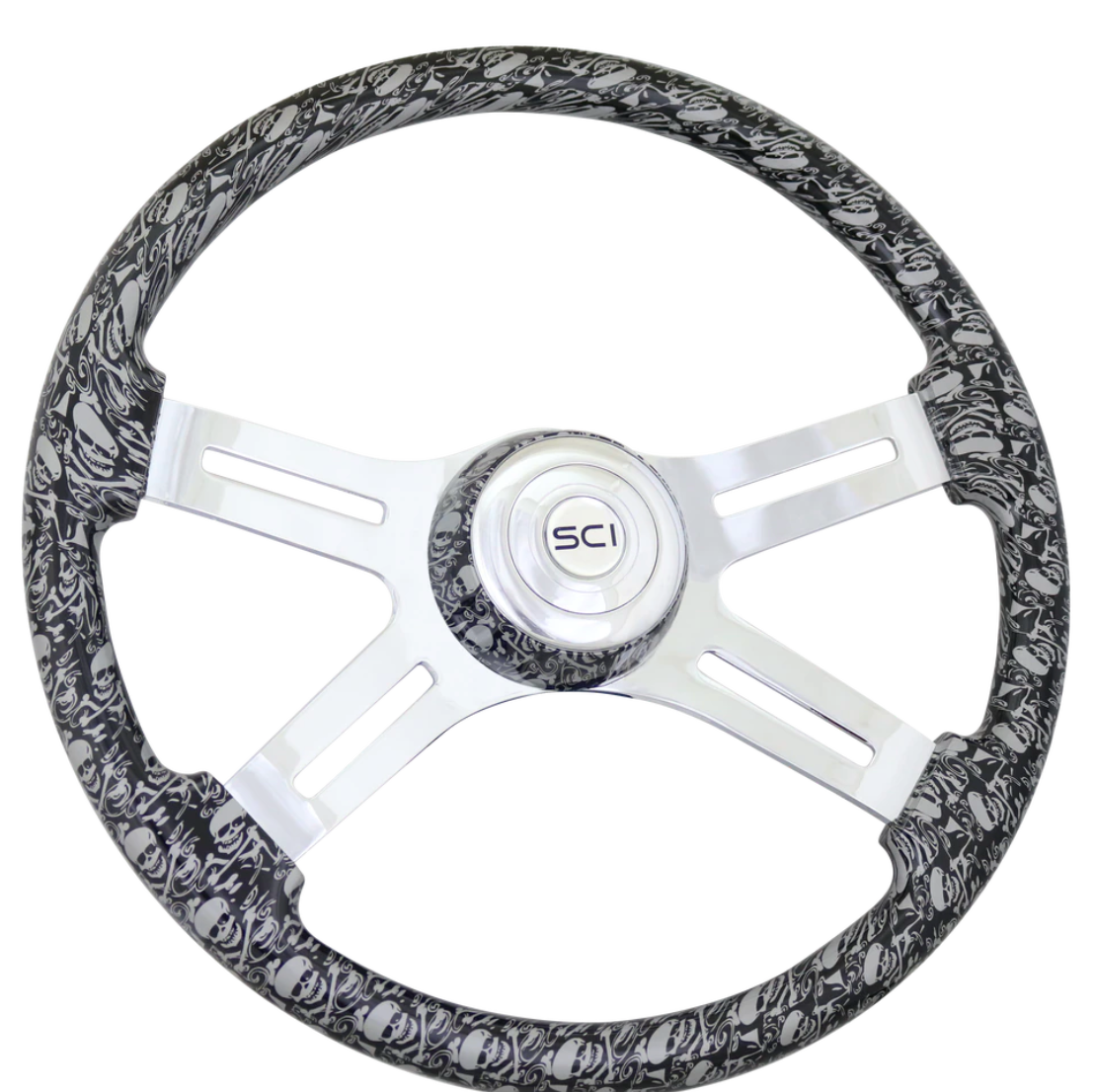 Steering Wheel Skulls Silver. Matching bezel. Skulls Silver - 18" Printed Wood Rim, Chrome 4-Spoke w/ Slot Cut Outs