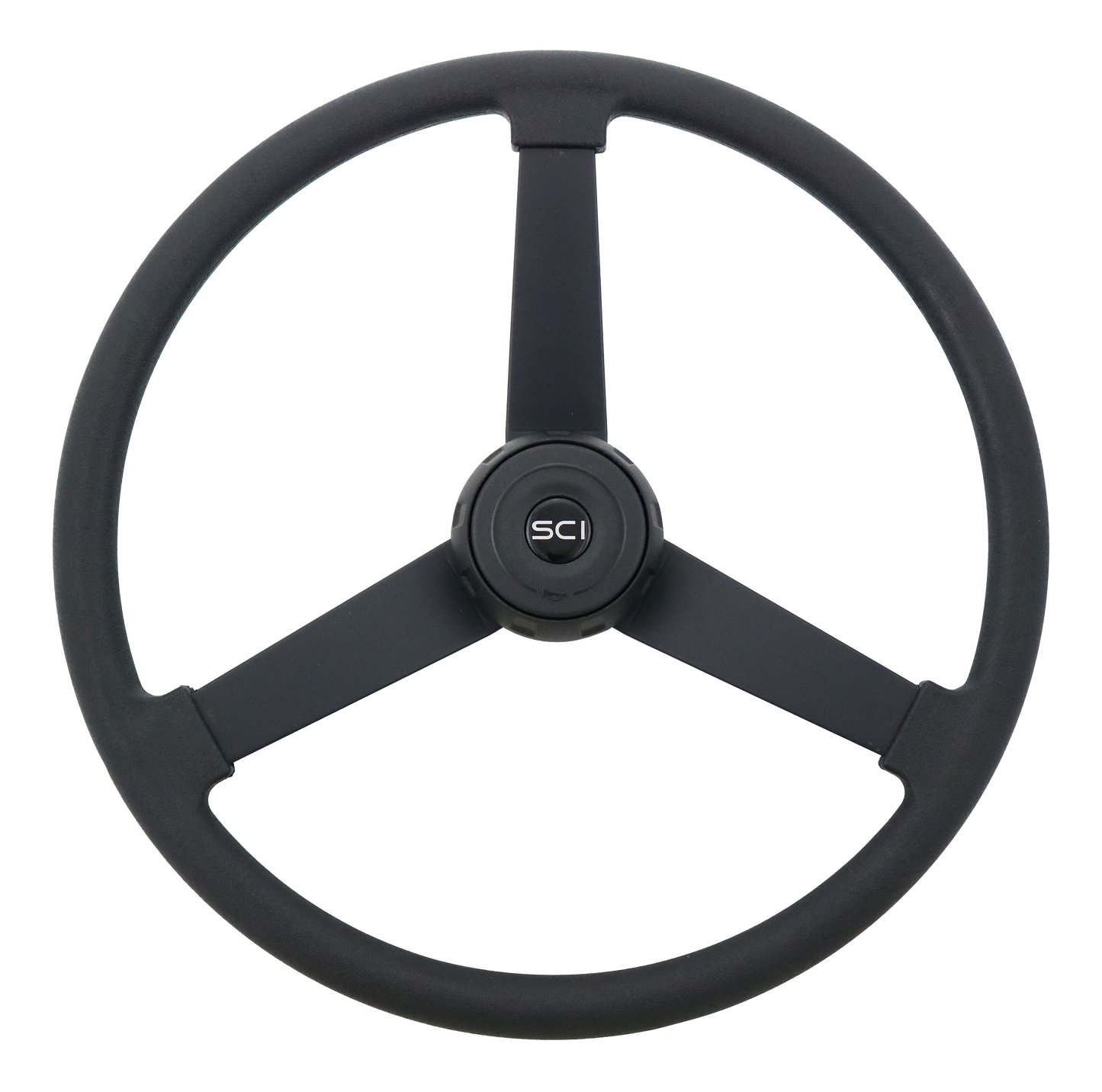 Steering Wheel The Beast - 20" Black Polyurethane Rim, Painted Black 3-Spoke, Black Metal Textured Bezel, Black Horn Button - Black SCI Logo