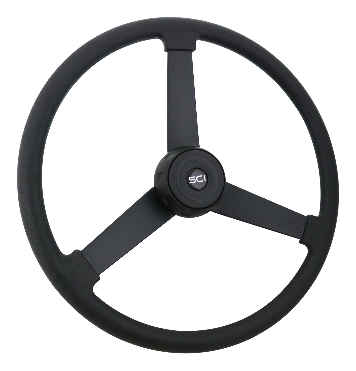 Steering Wheel The Beast - 20" Black Polyurethane Rim, Painted Black 3-Spoke, Black Metal Textured Bezel, Black Horn Button - Black SCI Logo