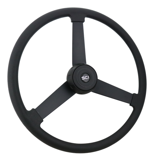 Steering Wheel The Beast - 20" Black Polyurethane Rim, Painted Black 3-Spoke, Black Metal Textured Bezel, Black Horn Button - Black SCI Logo