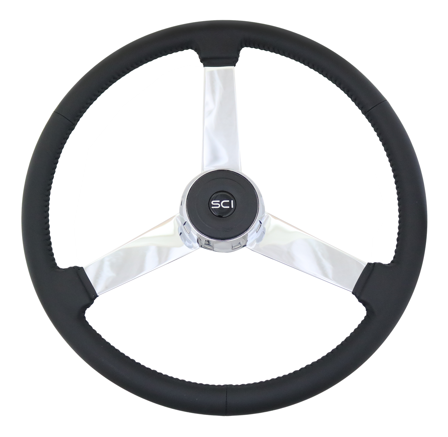 Steering Wheel The General - 20" Black Leather Rim, Chrome 3-Spoke, Chrome Bezel, Black Horn Button - Black SCI Logo