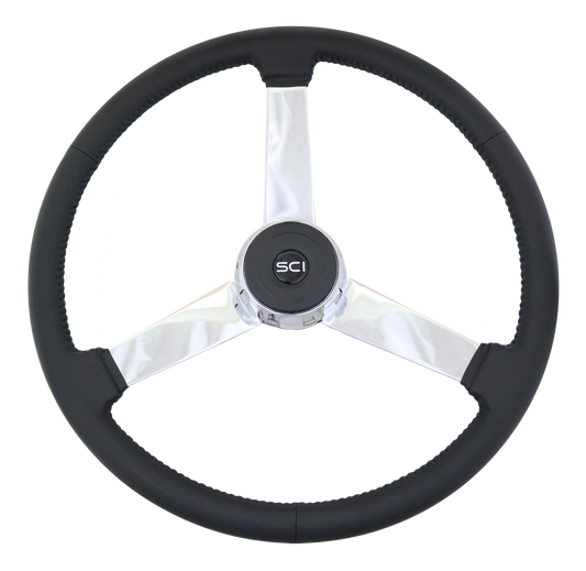 Steering Wheel The General - 20" Black Leather Rim, Chrome 3-Spoke, Chrome Bezel, Black Horn Button - Black SCI Logo